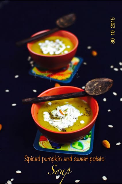 Spiced Pumpkin and sweet potato soup with toasted Almonds.