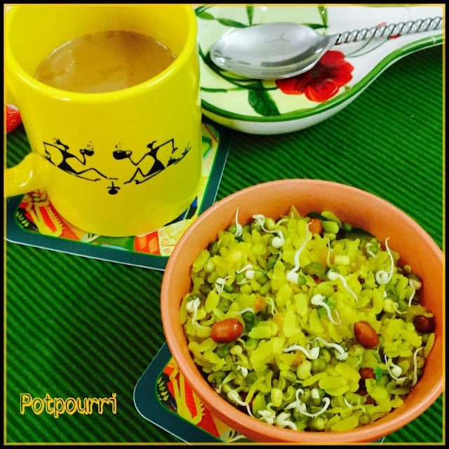 Mung sprouts Poha/ Flattened rice with green gram sprouts