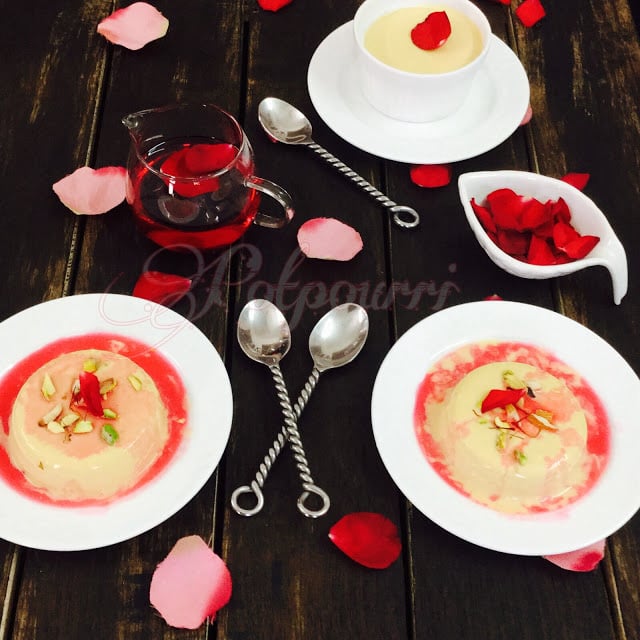 Thandai Yogurt Panna Cotta with Rose syrup….Holi Special