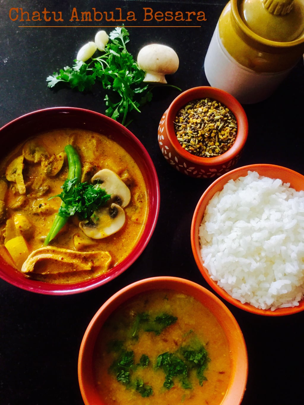 Chatu Ambula Besara/Mushrooms  in mustard gravy with sun dried Mango