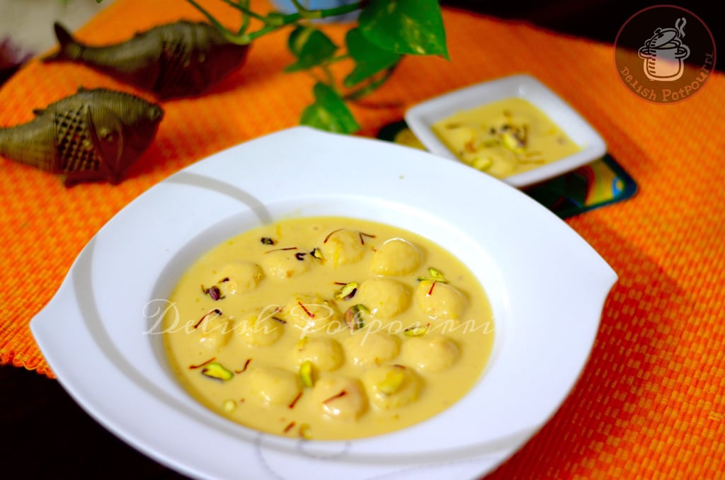 Kheer Sagar/Cottage cheese dumplings in sweet flavoured reduced Milk