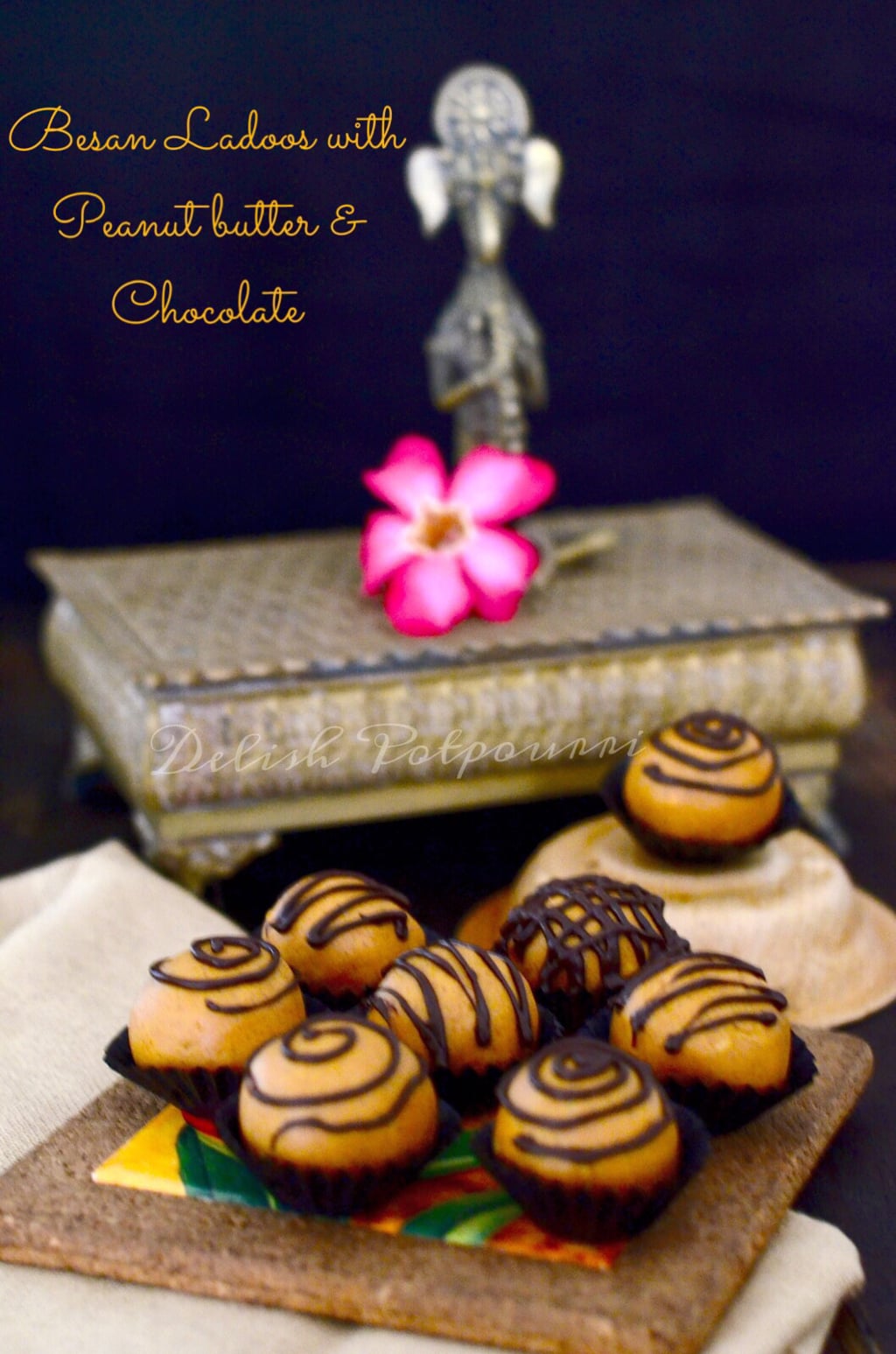 Besan Ladoo with Peanut butter and Chocolate drizzle